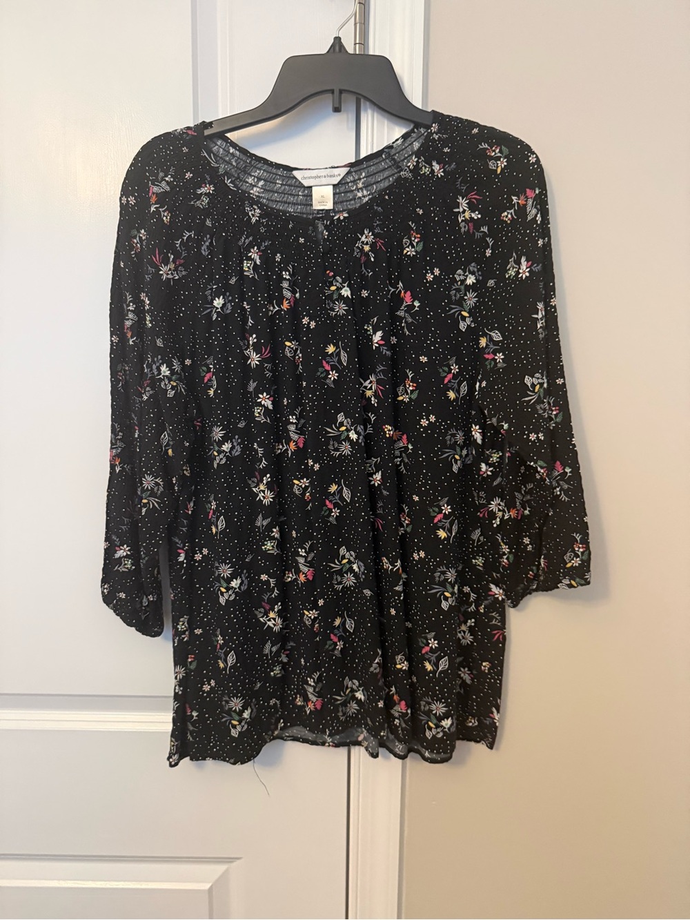 Christopher & Banks Black Floral Peasant Tunic with Scoop Neck